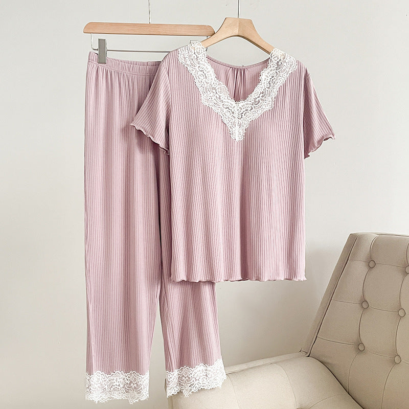 Delia Pajama Set in Light Pink — ribbed knit top and pants with white lace trim