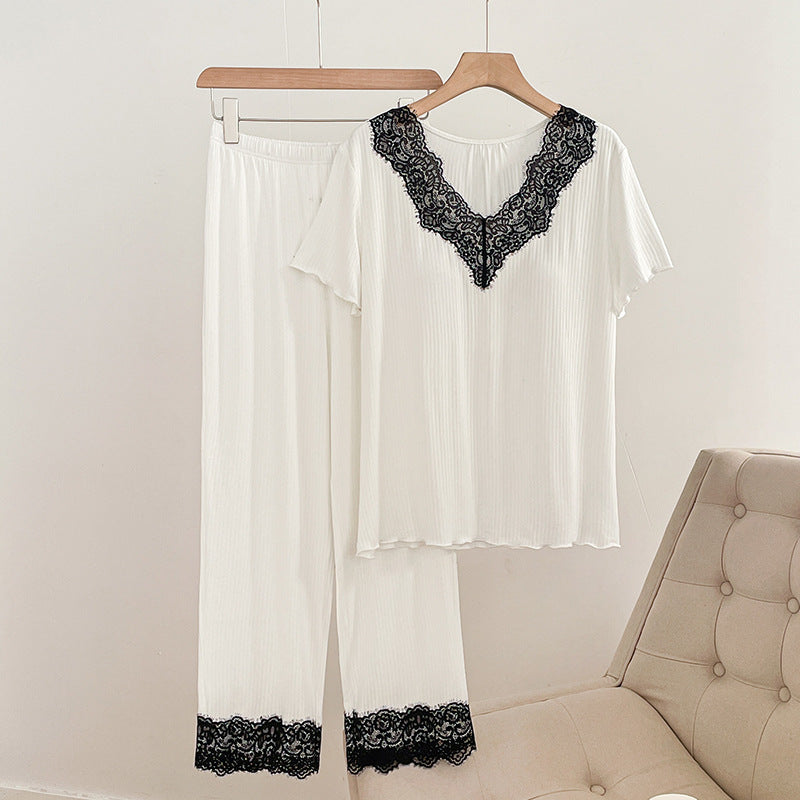 Delia Pajama Set in White — ribbed knit top and pants with white lace trim