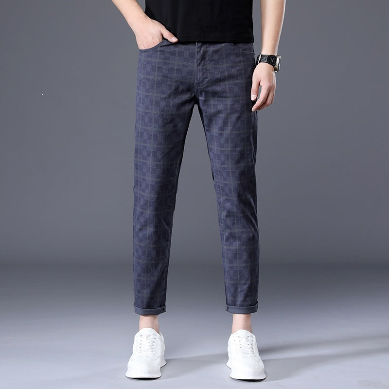 Romano Plaid Trousers in Navy Blue — slim-fit checked stretch cotton trousers