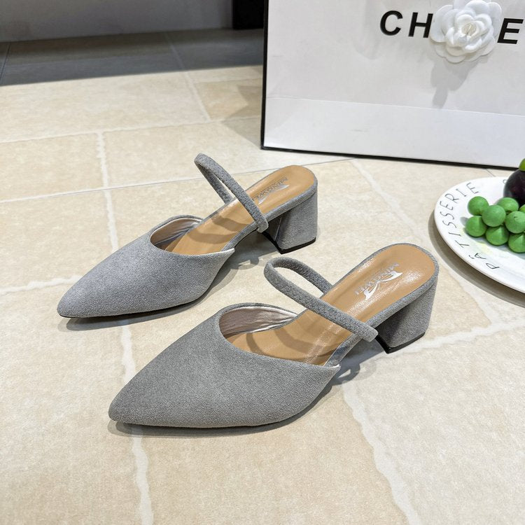 Chloe Pointed Mules in Gray — angled view of the pointed toe and slim instep strap