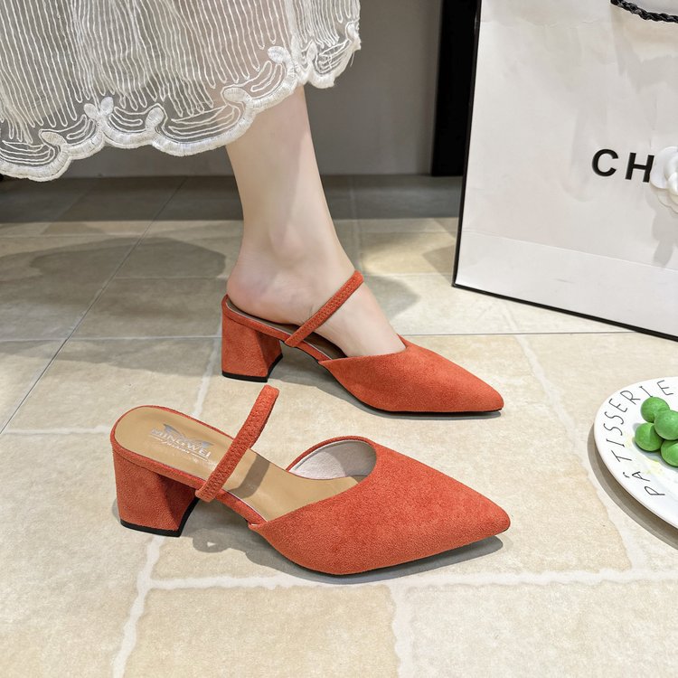 Chloe Pointed Mules in Dark Orange — worn with a lace midi skirt