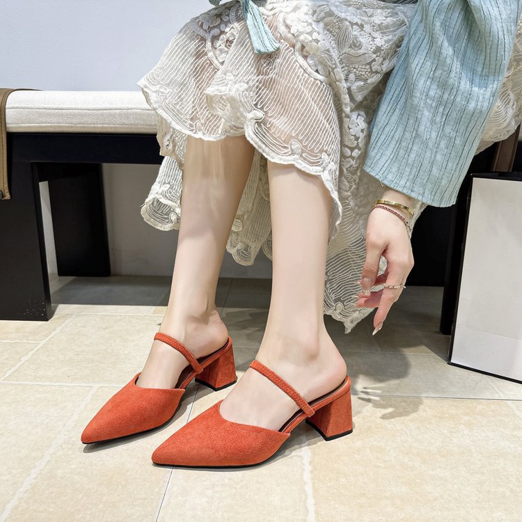Chloe Pointed Mules in Dark Orange — on-foot view showing the block heel height