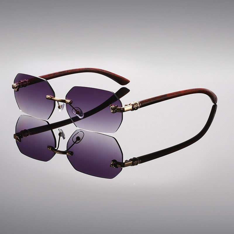 Dax Rimless Sunglasses in Purple — faceted rimless lenses with gold leopard temples