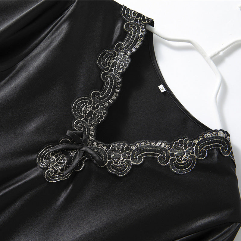 Elena Satin Dress in Black — detail, silky satin lace nightgown
