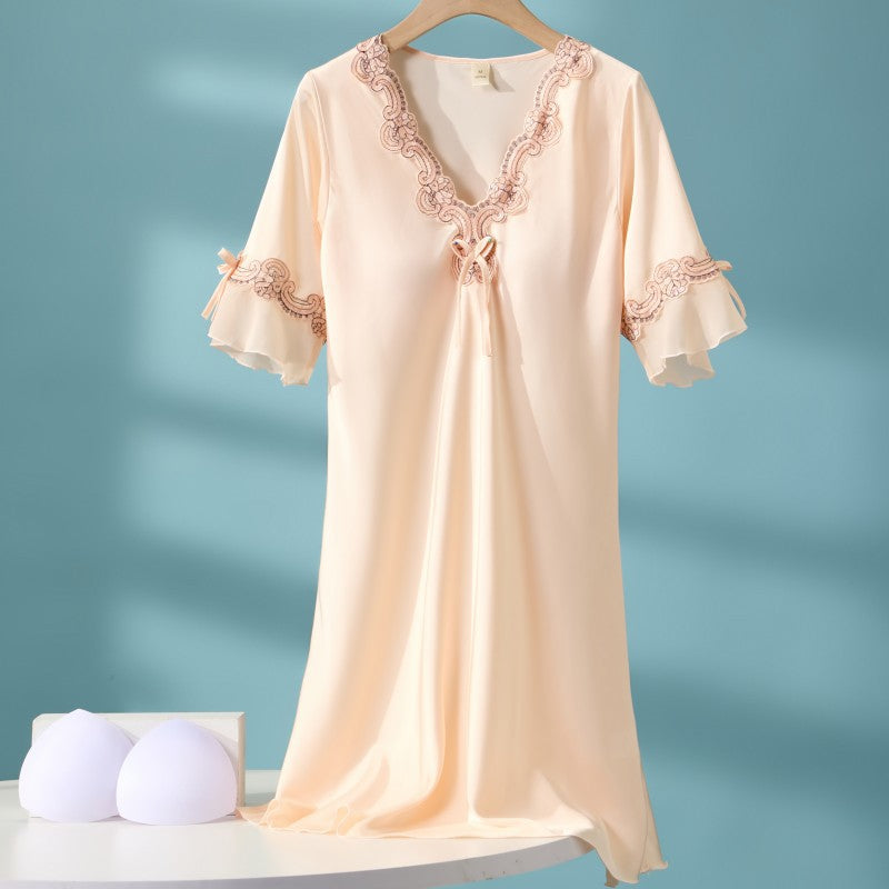 Mia Lace Nightgown in Cream — satin nightgown with embroidered lace and flutter sleeves