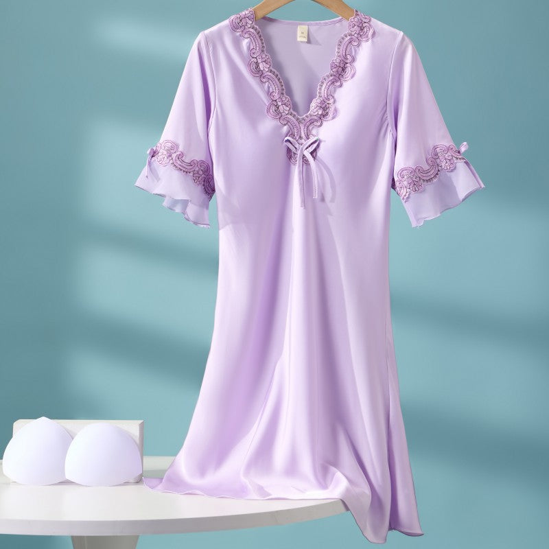 Mia Lace Nightgown in Lavender — satin nightgown with embroidered lace and flutter sleeves