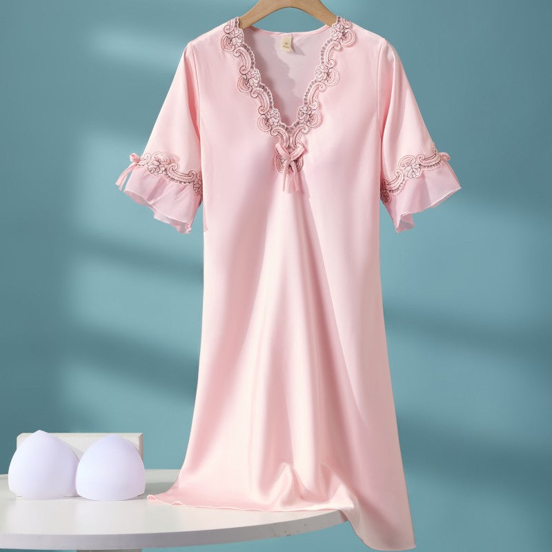 Mia Lace Nightgown in Light Pink — satin nightgown with embroidered lace and flutter sleeves