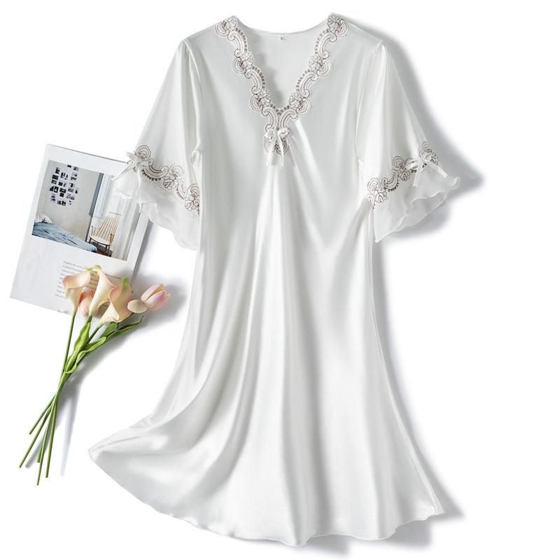 Elena Satin Dress in White — silky satin lace nightgown