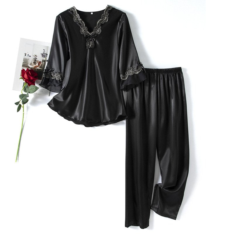 Vivienne Pajama Set in Black — silky-soft satin with lace trim