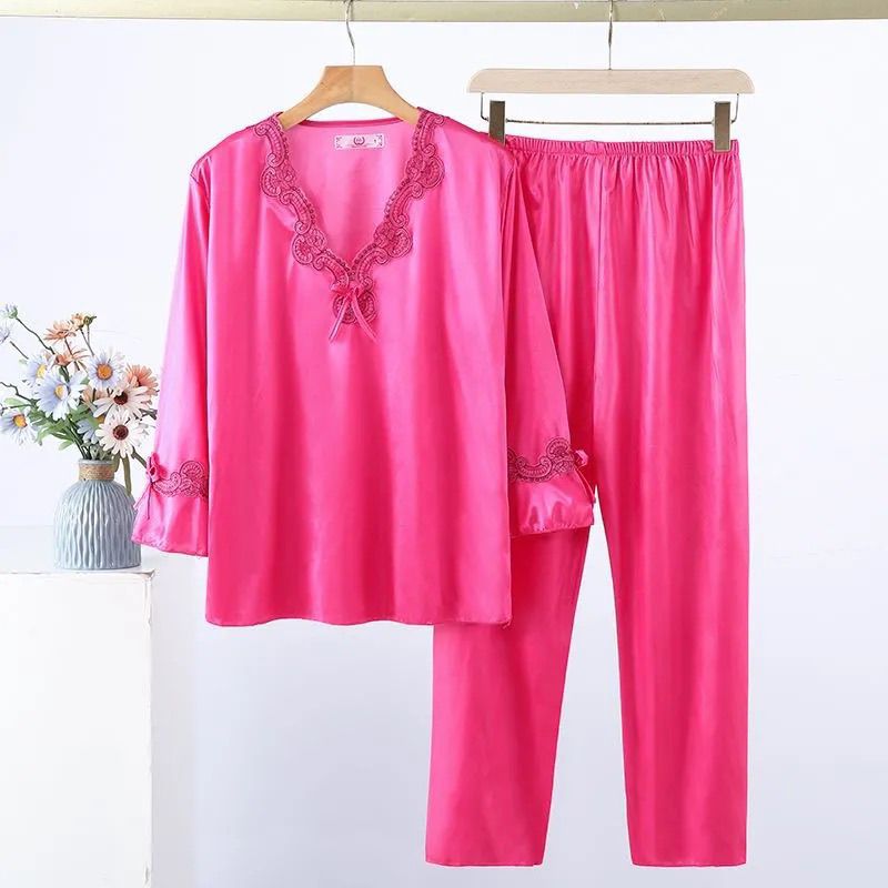 Josephine Pajama Set in Hot Pink — silky satin pajama set with lace-trimmed bell sleeves