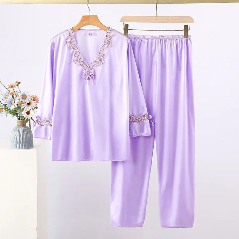 Josephine Pajama Set in Lavender — silky satin pajama set with lace-trimmed bell sleeves