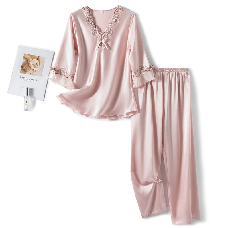 Vivienne Pajama Set in Light Pink — silky-soft satin with lace trim