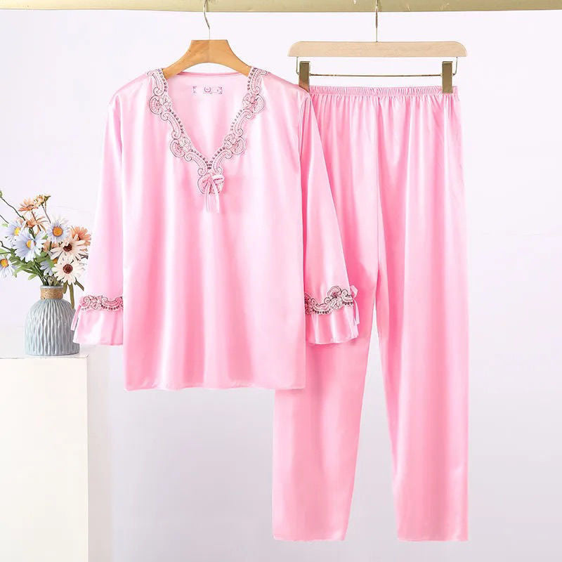 Josephine Pajama Set in Light Pink — silky satin pajama set with lace-trimmed bell sleeves
