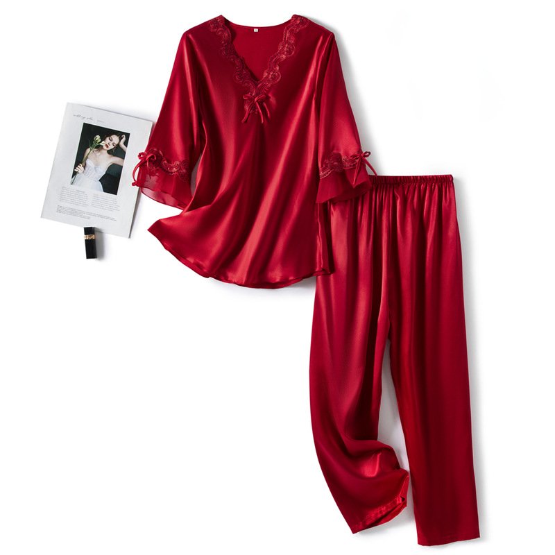 Vivienne Pajama Set in Red — silky-soft satin with lace trim