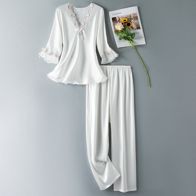 Vivienne Pajama Set in White — silky-soft satin with lace trim