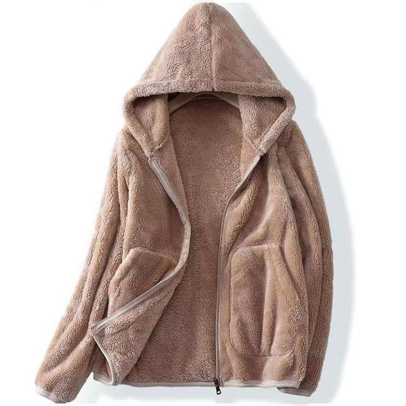 Marla Sherpa Hoodie in Beige — sherpa fleece zip-up with a roomy hood and front pockets