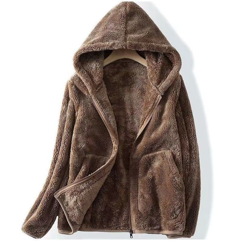 Marla Sherpa Hoodie in Brown — sherpa fleece zip-up with a roomy hood and front pockets