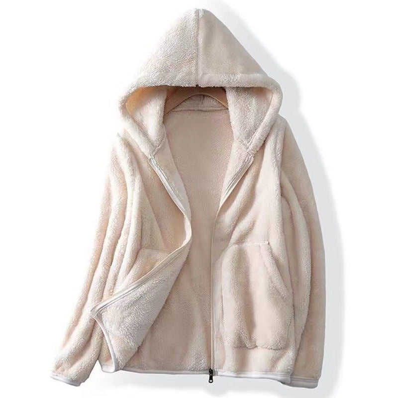 Marla Sherpa Hoodie in Cream — sherpa fleece zip-up with a roomy hood and front pockets