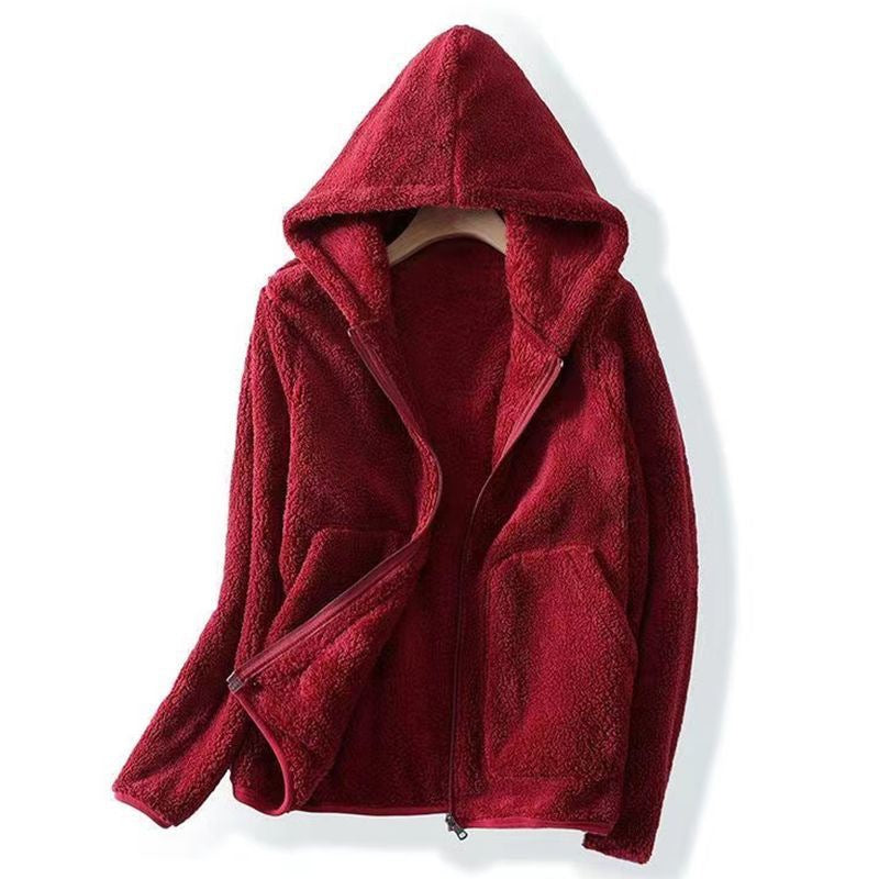 Marla Sherpa Hoodie in Dark Red — sherpa fleece zip-up with a roomy hood and front pockets