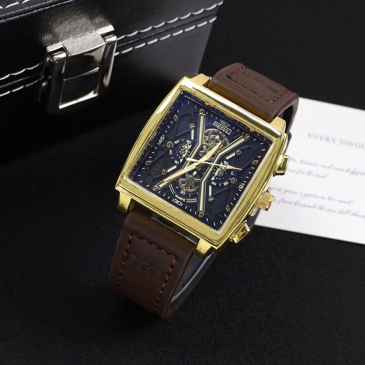 Sinclair Skeleton Watch in Brown — gold square case with brown stitched leather strap