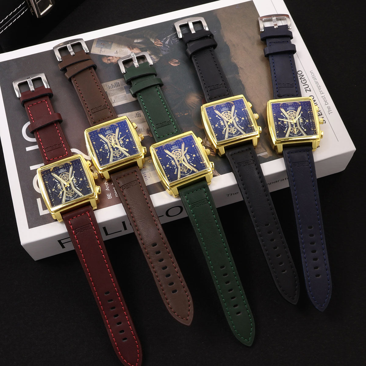 Sinclair Skeleton Watch — gold square case with exposed skeleton dial, shown in all five leather strap colors