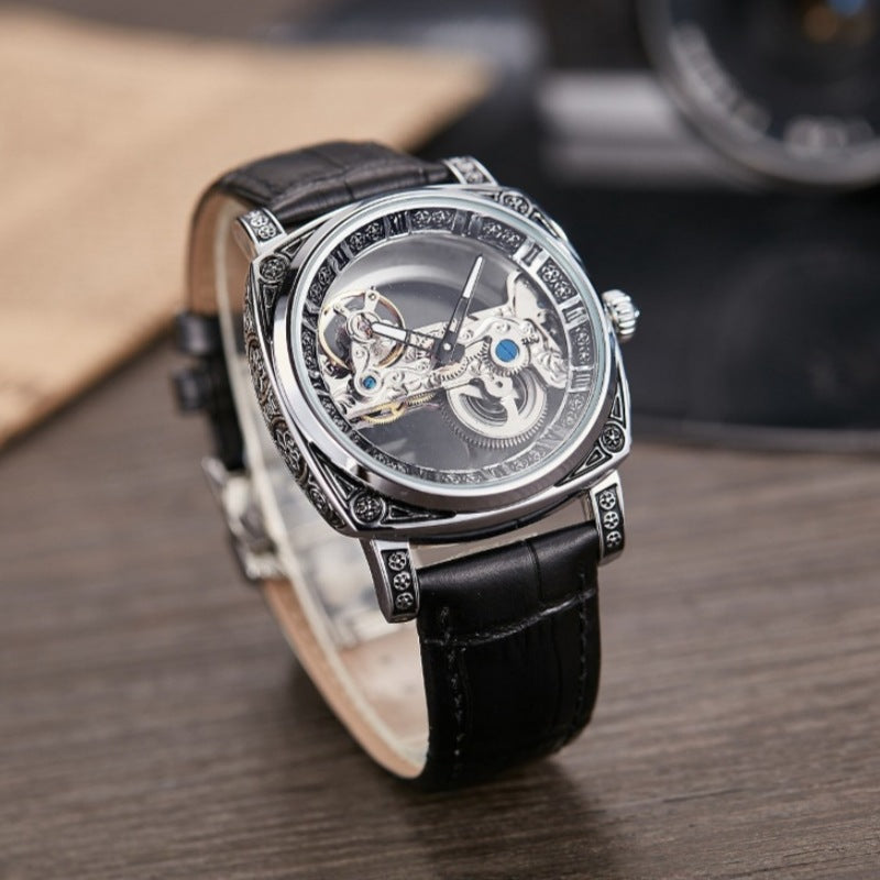 Leopold Skeleton Watch in Black — mechanical square watch with leather strap