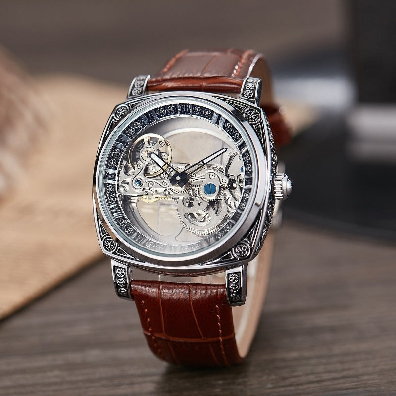 Leopold Skeleton Watch in Brown — mechanical square watch with leather strap