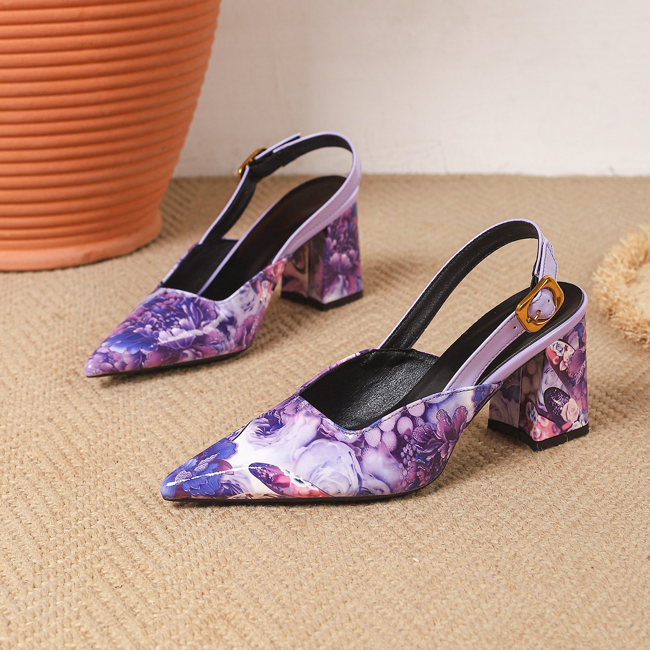 Carmen Floral Heels — women's floral-print slingback block heels on model | Spaydes