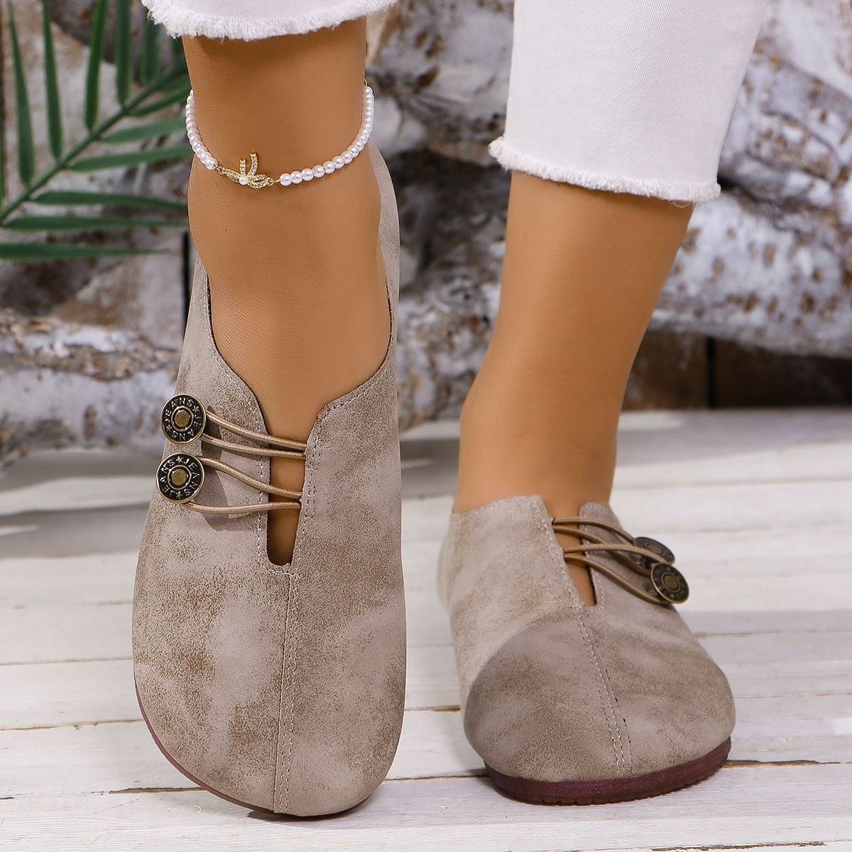 Juliette Slip-On Flats in Beige — buttery-soft leather flats with twin-button detail
