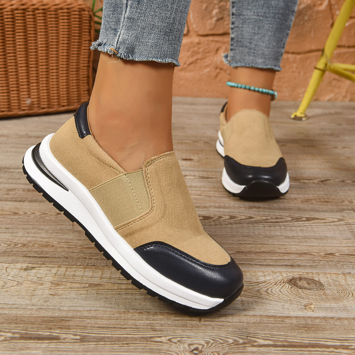 Jolie Platform Sneakers in Khaki — canvas platform slip-on with leather toe cap