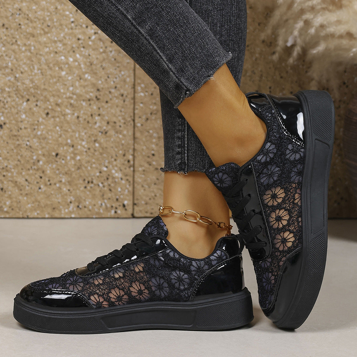 Sofia Lace Sneakers in Black — side view, floral lace platform sneaker