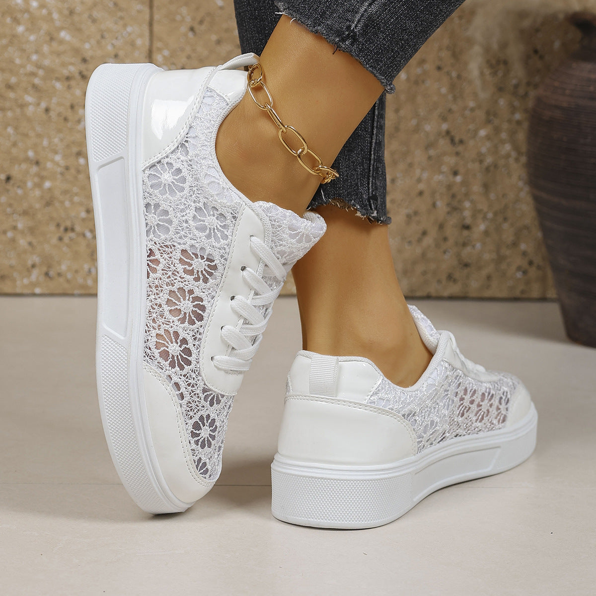 Sofia Lace Sneakers in White — back view, floral lace platform sneaker