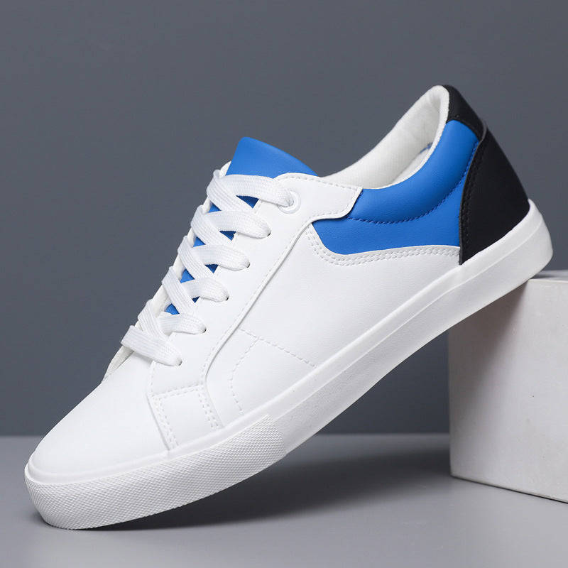 Dean Leather Sneakers in Blue — side view, white leather low-top with contrast heel
