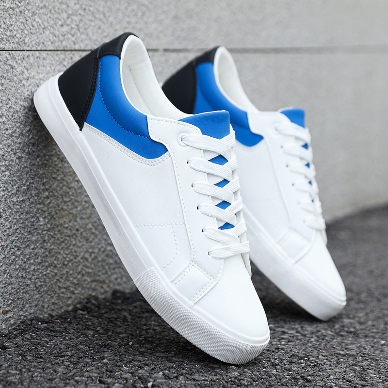 Dean Leather Sneakers in Blue — white leather low-top with contrast heel