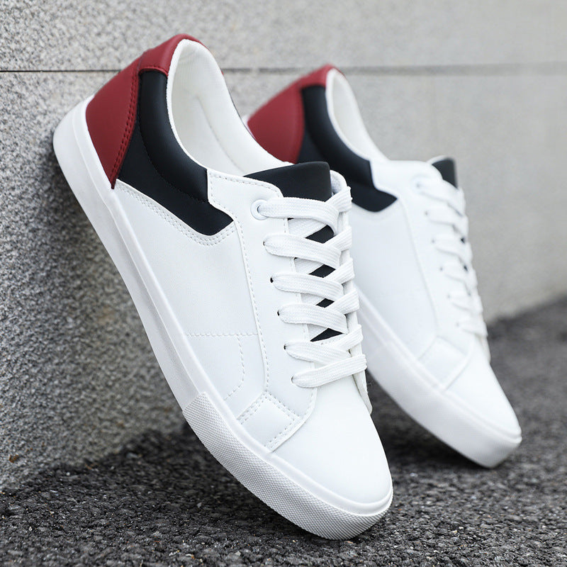 Dean Leather Sneakers in Red — white leather low-top with contrast heel