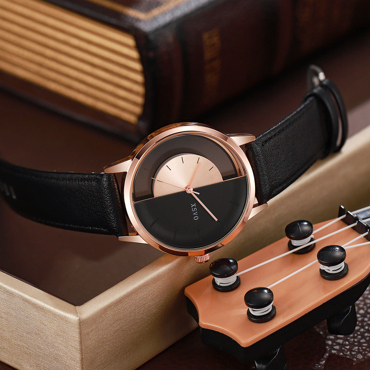 Cassius Open-Dial Watch in Rose Gold — minimalist watch with see-through split dial and leather strap