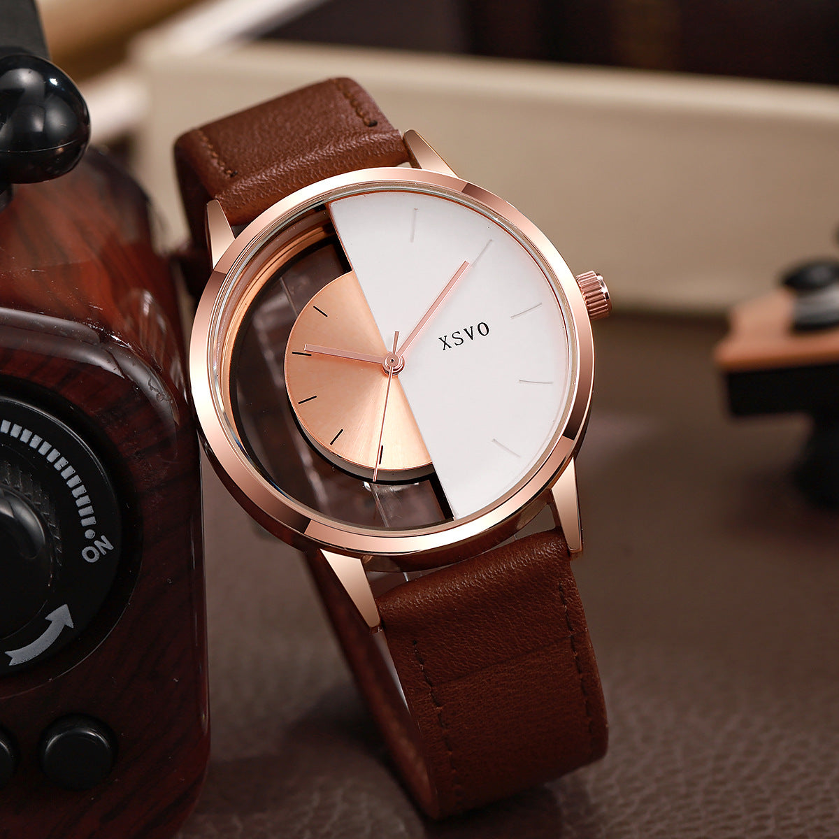 Cassius Open-Dial Watch in White — minimalist watch with see-through split dial and leather strap