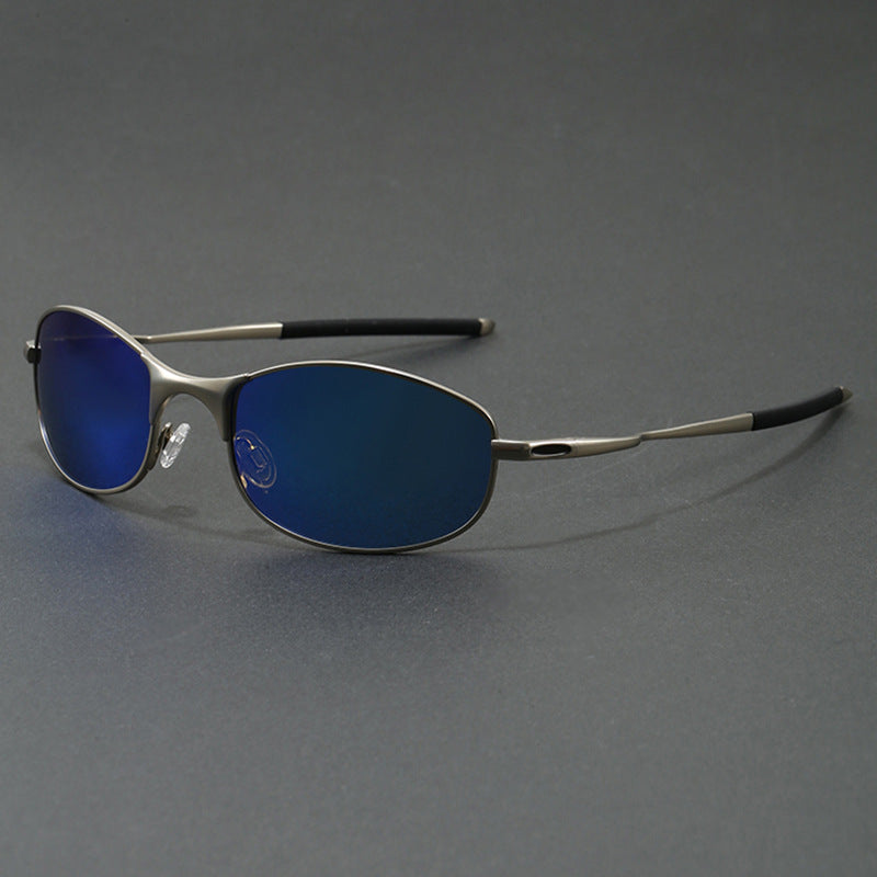 Luca Wrap Sunglasses in Blue — slim metal-frame oval wraparound sport sunglasses