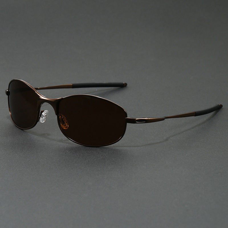 Luca Wrap Sunglasses in Brown — slim metal-frame oval wraparound sport sunglasses