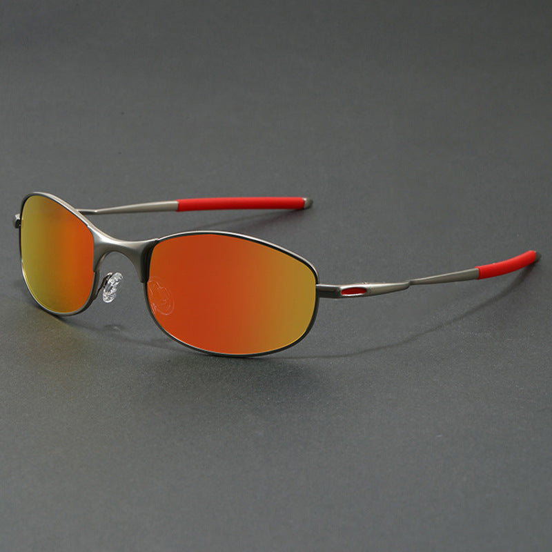 Luca Wrap Sunglasses in Orange — slim metal-frame oval wraparound sport sunglasses
