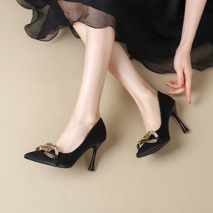 Margaux Chain Heels in Black — worn pair view