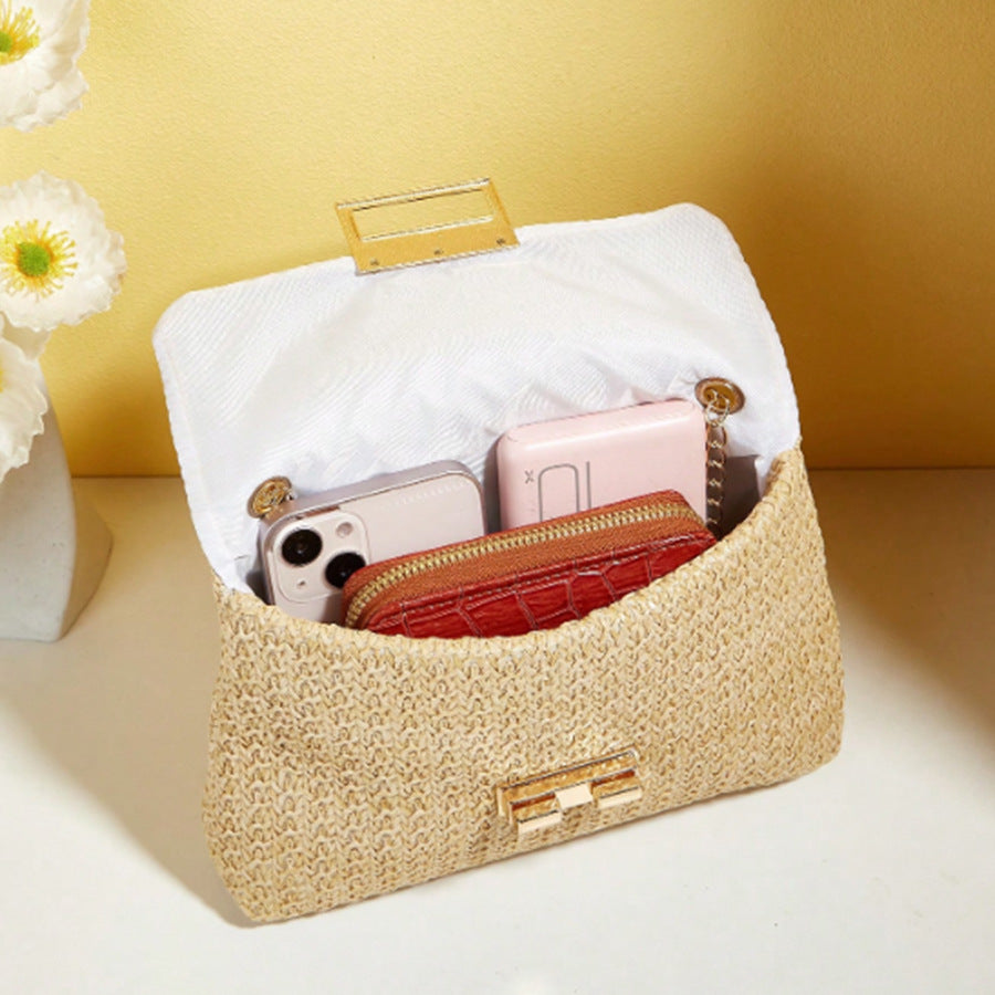 Sienna Woven Handbag — woven straw crossbody with gold chain strap