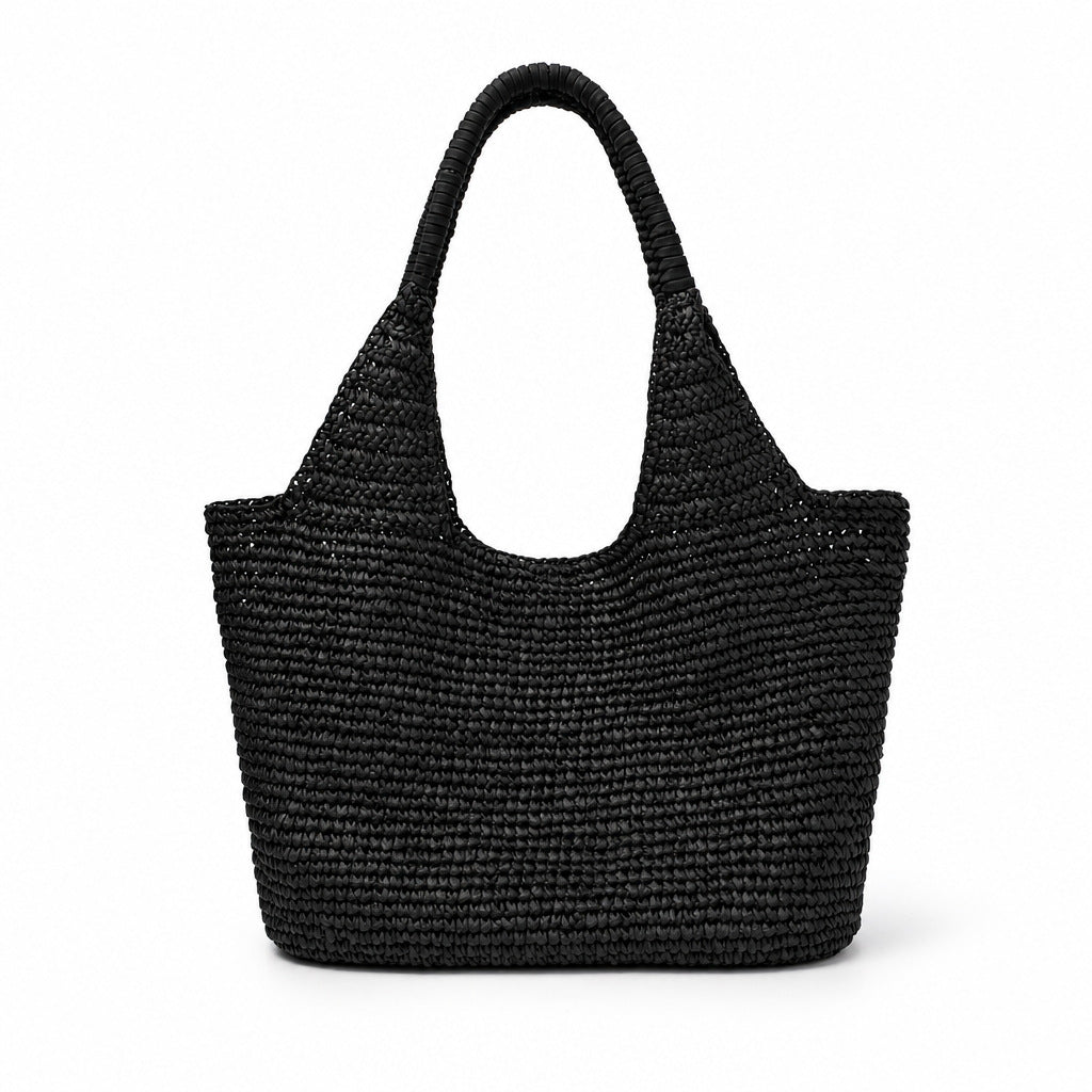 Sienna Tote Bag in Black — woven raffia hobo with wrapped handle and spacious interior