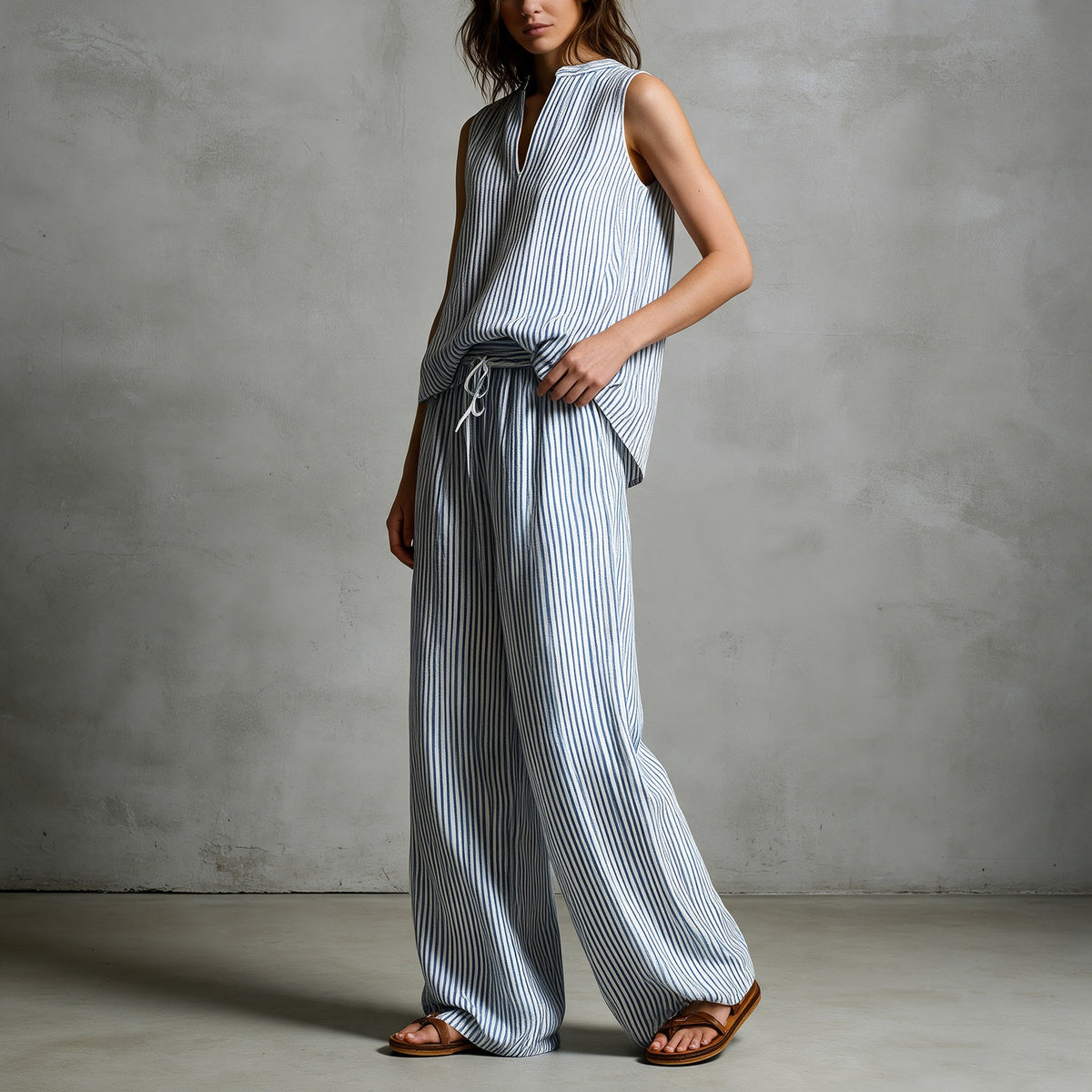 Ruby Striped Set in Blue — sleeveless split-neck striped tunic with matching wide-leg drawstring pants