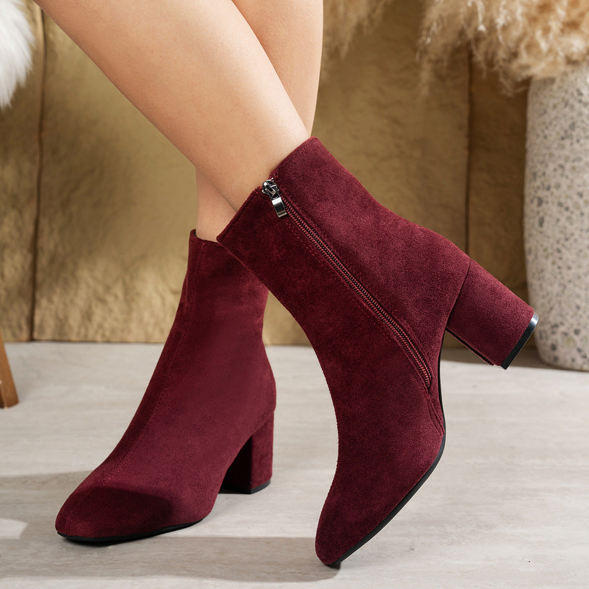 Lena Suede Booties in Burgundy — suede block-heel ankle boot with side zip