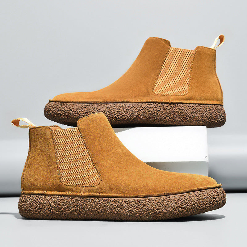 Julian Chelsea Boots in Light Brown — ultra-soft suede slip-on Chelsea boots