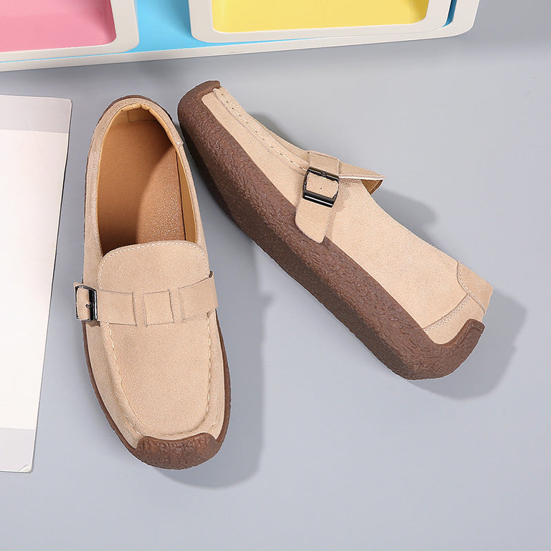 Vera Suede Loafers in Beige — soft suede slip-on with buckle strap and chunky cushioned sole