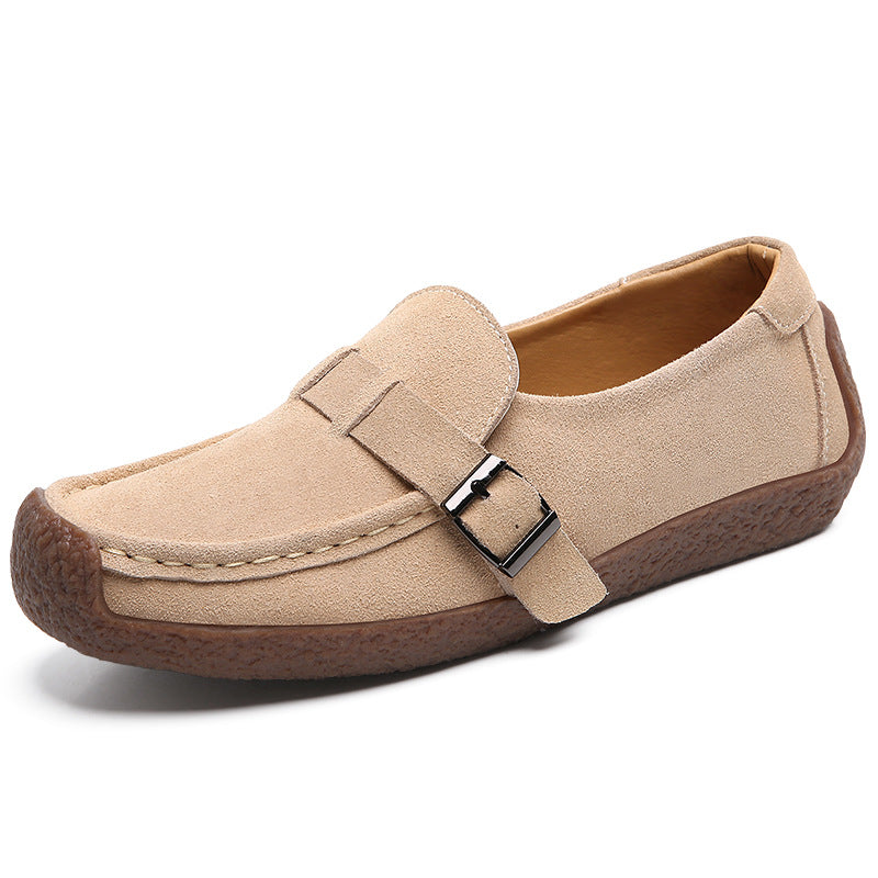 Vera Suede Loafers in Beige — soft suede slip-on with buckle strap and chunky cushioned sole