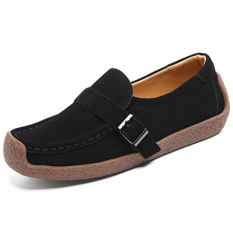 Vera Suede Loafers in Black — soft suede slip-on with buckle strap and chunky cushioned sole