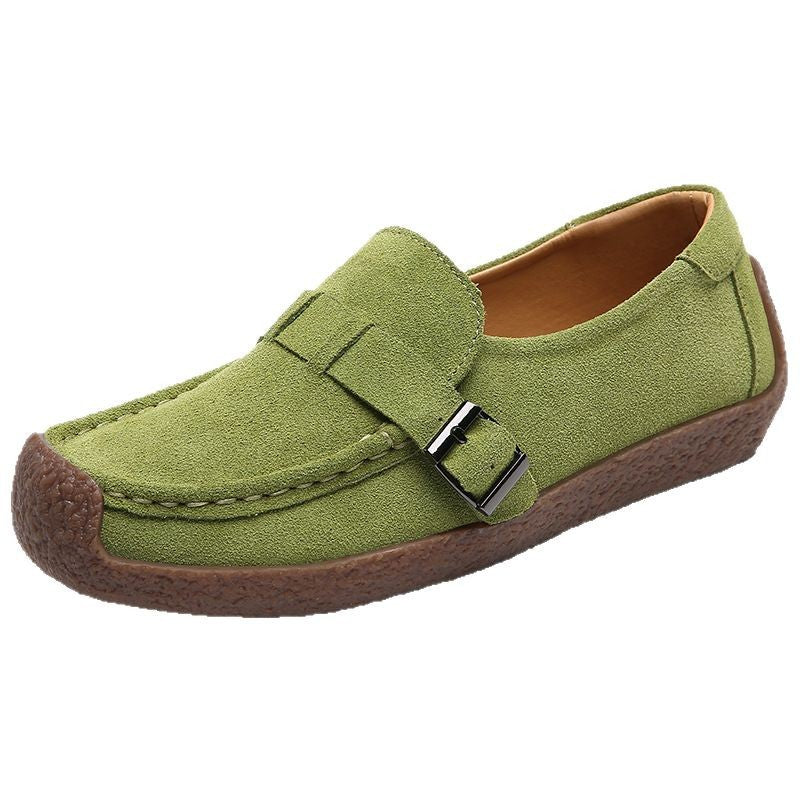 Vera Suede Loafers in Green — soft suede slip-on with buckle strap and chunky cushioned sole